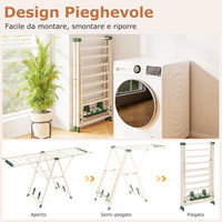 Stendibiancheria con 20 Barre, Stendino Pieghevole in Metallo Regolabili in Altezza, Clips per Calzini, Supporto per Abbigliamento Autoposante a Ali per Interno Esterno (Beige)