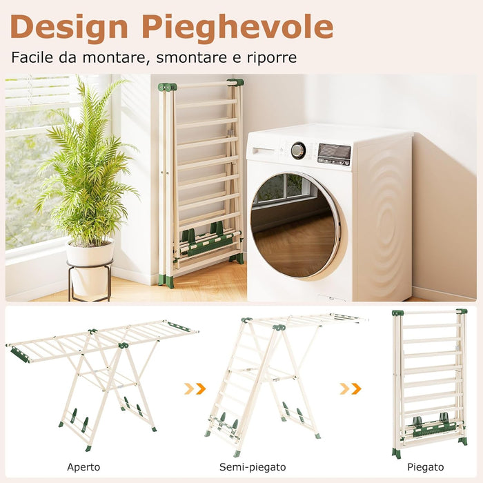 Stendibiancheria con 20 Barre, Stendino Pieghevole in Metallo Regolabili in Altezza, Clips per Calzini, Supporto per Abbigliamento Autoposante a Ali per Interno Esterno (Beige)