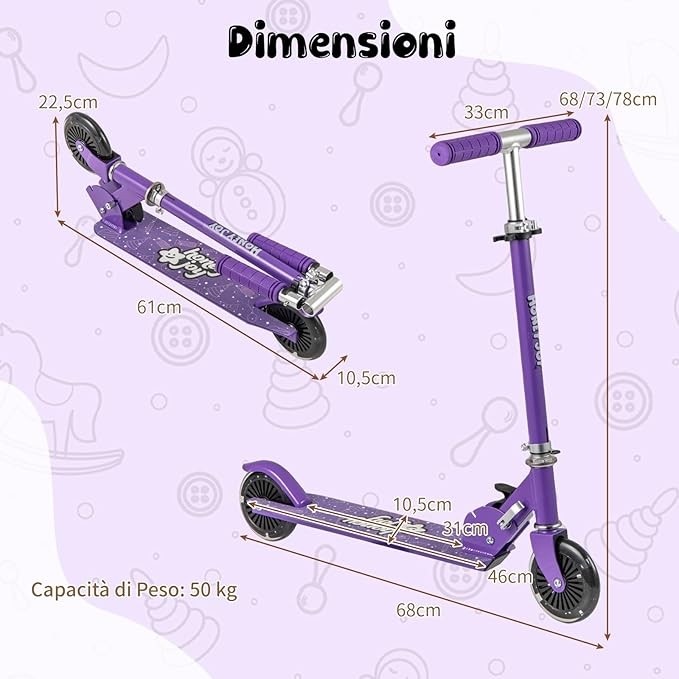 Monopattino per Bambini Pieghevole e Portatile, Monopattino a 2 Ruote con Manubrio Regolabile, Ruote Luminose a LED, Freno Posteriore e Tracolla, Ideale per Bambini e Bambine 3+