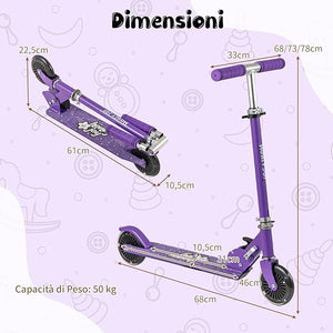 Monopattino per Bambini Pieghevole e Portatile, Monopattino a 2 Ruote con Manubrio Regolabile, Ruote Luminose a LED, Freno Posteriore e Tracolla, Ideale per Bambini e Bambine 3+