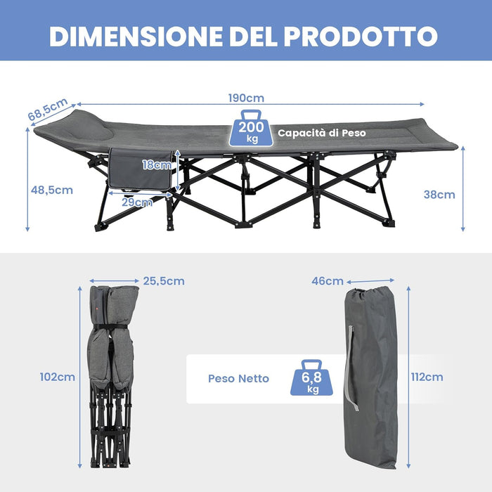 Brandina da Campeggio, Letto da Campeggio con Cuscino e Poggiatesta, Tappetino a Doppio Strato, Brandina da Campeggio Portatile per Ufficio, Casa, Carico Fino a 204 kg(grigio)