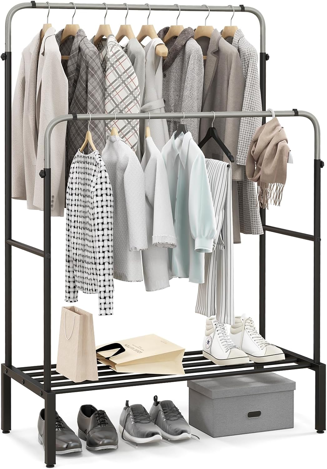 Stand Appendiabiti in Metallo, Doppio Asta Appendiabiti con Altezze Regolabili, Porta Abiti per Camera da Letto, 108x50x120/125 cm