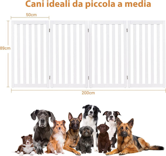 Cancelletto per Cani Pieghevole in Legno con 4 Ante, Ideale per Scale, Soggiorno e Cucina, 89 x 200 cm, Bianco
