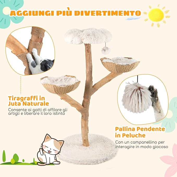 Albero per Gatti, Tiragraffi per Gattini Alta 122 cm con Ramo in Legno con Piattaforma a Fiore, 2 Cesti in Rattan, Pali Tiragraffi in Juta e Pallina Pendente, Mobile per Gatti da Interno