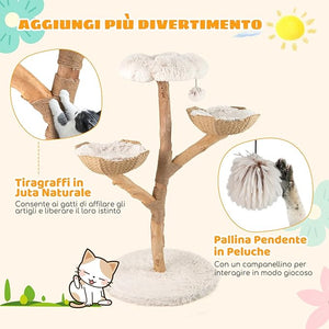 Albero per Gatti, Tiragraffi per Gattini Alta 122 cm con Ramo in Legno con Piattaforma a Fiore, 2 Cesti in Rattan, Pali Tiragraffi in Juta e Pallina Pendente, Mobile per Gatti da Interno