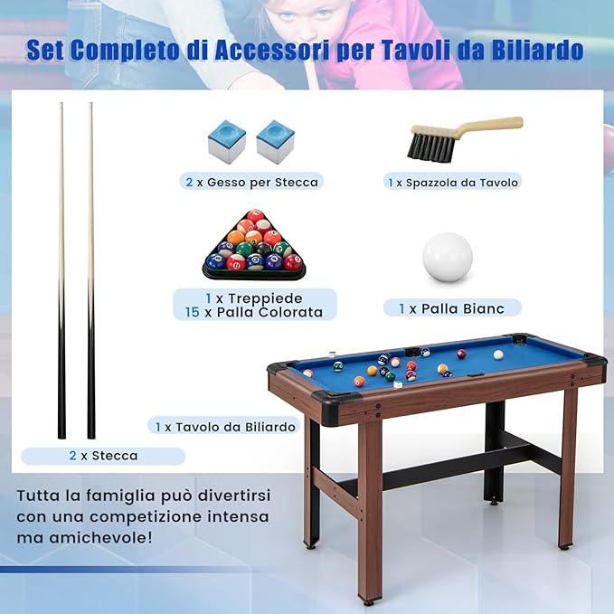 Tavolo da Biliardo, Tavolo da Gioco Biliardo in Legno con Set di Palline 2 Steccette 2 Gessi Triangolo Spazzola, Mini Tavolo da Biliardo per Sala Giochi bar Palestra, 122x61x76 cm
