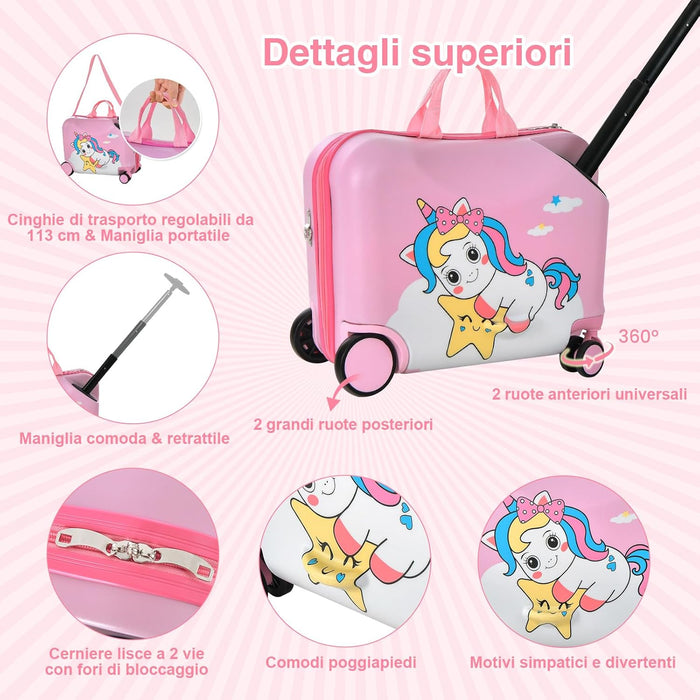 Valigia Cavalcabile per Bambini, 18" Valigia+ 12" Zaino,2 Pezzi, Trolley Bambini Bagaglio a Mano con Ruote Girevoli e Maniglia Retrattile, 2 Cingie Multiuso (Modello 5)