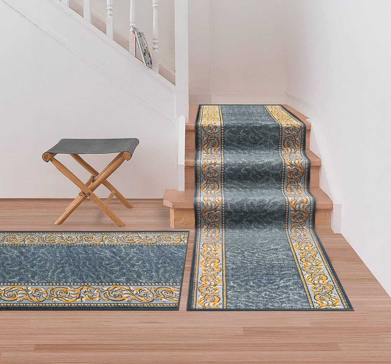 Passatoia Scala Bordata 67x40 cm Ingresso Corridoio Tappeto Cucina Gradini Stile Barocco Grigio