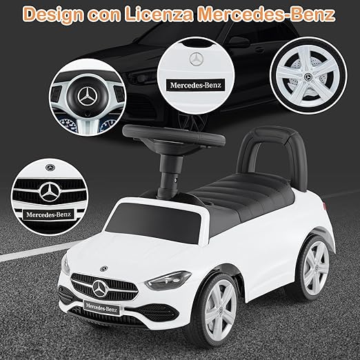 Mercedes Benz Macchinina Cavalcabile a Spinta per Bambini, Auto da Gioco con Volante Clacson e Suono, Spazio di Archiviazione, Auto a Spinta per bambini 1-3 Anni (Bianco)