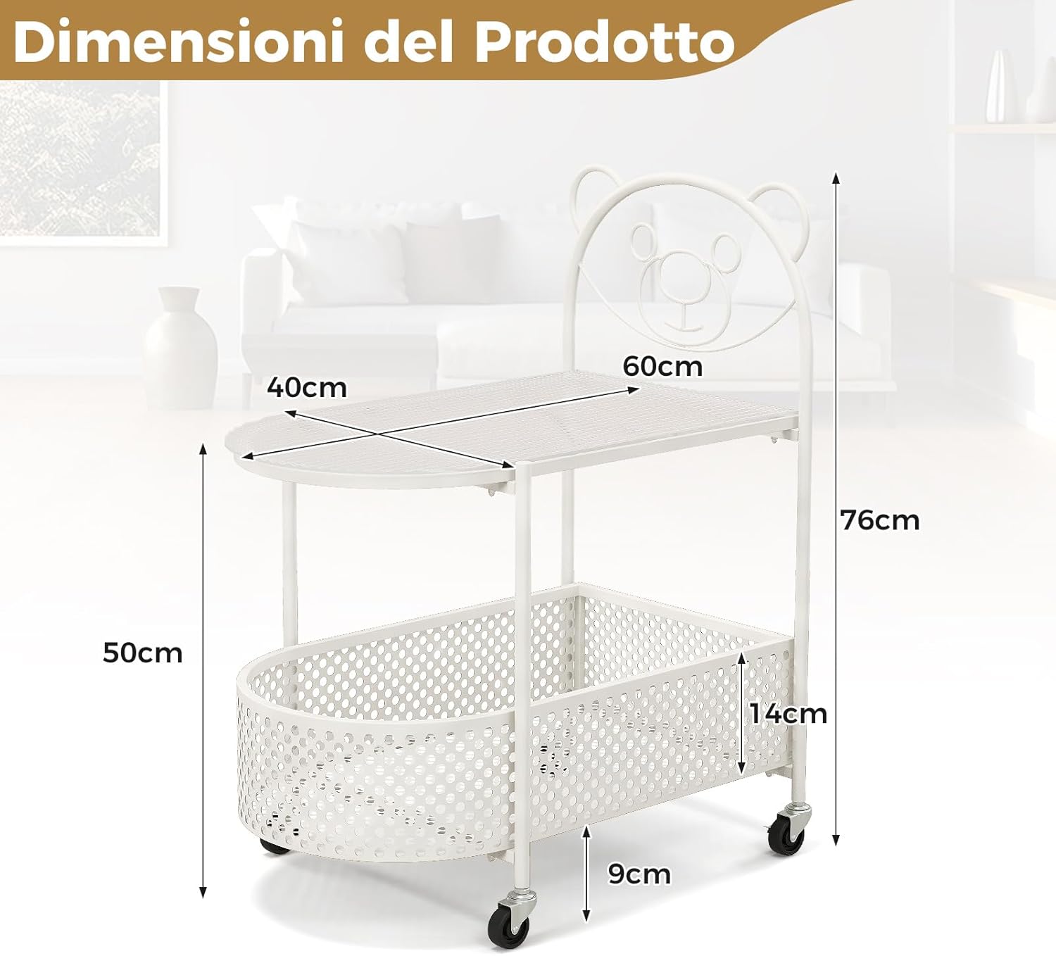 Tavolino da Caffè in Vetro a 2 Livelli, Tavolino Laterale con Ruote Bloccabili, Motivo Orso e Cesta di Stoccaggio, Tavolino per Salotto, Camera da Letto e Studio (Oro)