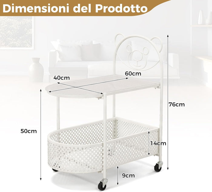 Tavolino da Caffè in Vetro a 2 Livelli, Tavolino Laterale con Ruote Bloccabili, Motivo Orso e Cesta di Stoccaggio, Tavolino per Salotto, Camera da Letto e Studio (Bianco)