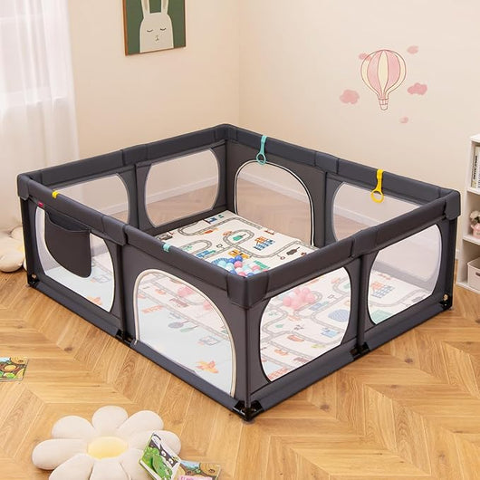 Box per Bambini con Materassino, Recinto per Bambini 189 x 158 cm con 4 Anelli e 50 Palline Colorate, Rete Traspirante, Tasca e Borsa, Box Giochi per Bambino 0-3 Anni (Grigio Scuro)