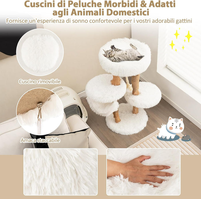 Albero per Gatti in Legno Alto 87 cm con Amaca, Albero Tiragraffi per Gatti a 5 Livelli, con Piattaforma Superiore, Mobile per Gatti da Interno, Bianco