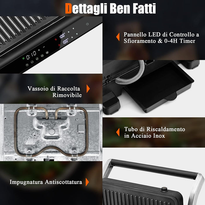 3 in 1 Piastre per Panini 2000 W, Bistecchiera Elettrica con 5 Modalità Automatiche, Cottura Bifacciali, Timer 0-4H e Display a LED, Materiale Antiaderente, Ideale per Panini e Barbecue