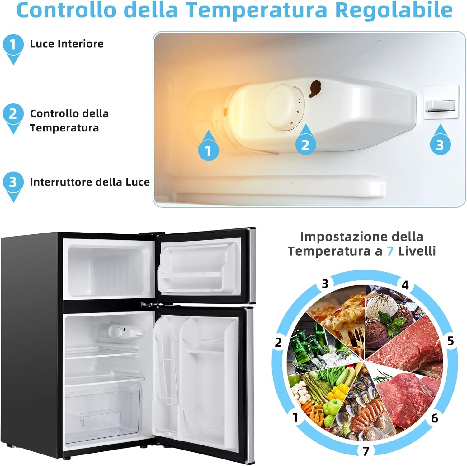 Frigorifero 90 L (27+63), Freezer Separato con 2 Ante e Luce LED, Refrigerazione Rapida, Silenzioso, Mini Frigo per Ufficio Casa Bar Hotel, 220-240 V/50 Hz (Grigio) [Classe di efficienza energetica E]