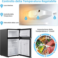 Frigorifero 90 L (27+63), Freezer Separato con 2 Ante e Luce LED, Refrigerazione Rapida, Silenzioso, Mini Frigo per Ufficio Casa Bar Hotel, 220-240 V/50 Hz (Grigio) [Classe di efficienza energetica E]
