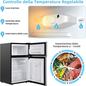 Frigorifero 90 L (27+63), Freezer Separato con 2 Ante e Luce LED, Refrigerazione Rapida, Silenzioso, Mini Frigo per Ufficio Casa Bar Hotel, 220-240 V/50 Hz (Grigio) [Classe di efficienza energetica E]