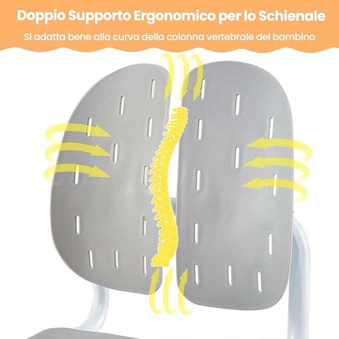 Sedia per Bambini 3+ Anni, Poltrona Ergonomica con Doppi Supporti Dorsali e Seduta Traspirante e Struttura in Metallo Resistente, Sedia Regolabile in Altezza per Camera da Letto (Grigio)
