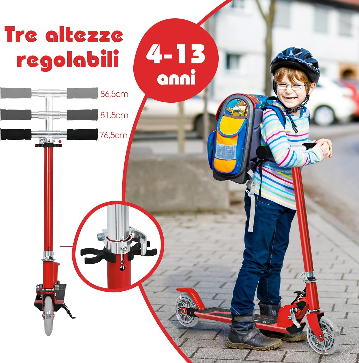 Monopattino Bambini, Monopattini a Spinta Pieghevole e Regolabile in 3 Altezze, con 2 Ruote Lampeggianti, Freno e Cavalletto, Portata 70 kg