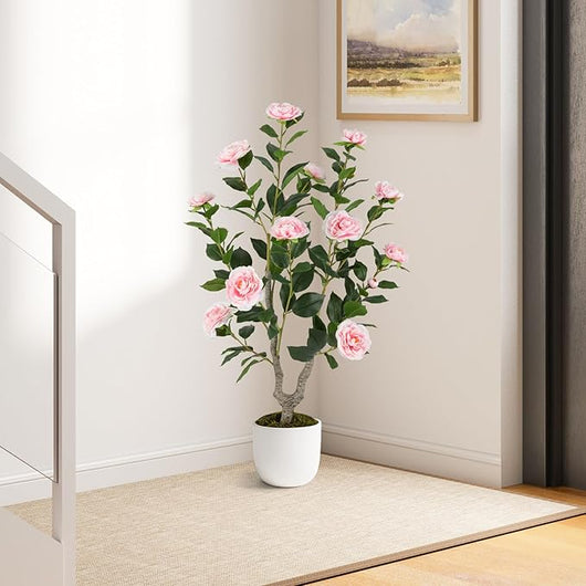 Albero di Camelia Artificiale 90 cm, Pianta Finta in Vaso con 16 Fiori Vivaci e 116 Foglie Vibranti, Pianta Decorativa per Soggiorno, Camera da Letto, Ufficio e Veranda (Rosa)