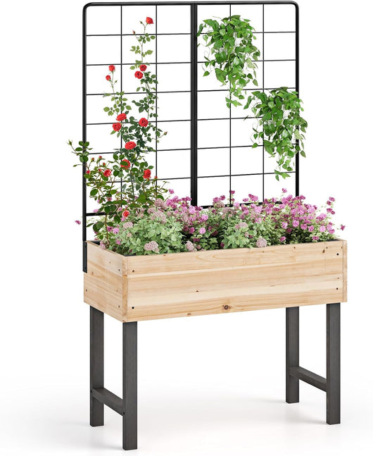 Letto da Giardino Rialzato con Traliccio in Metallo e Drenaggio, Fioriera in Legno Sopraelevata per Piante Rampicanti, Fioriera da Interno ed Esterno per Patio, Balcone e Cortile