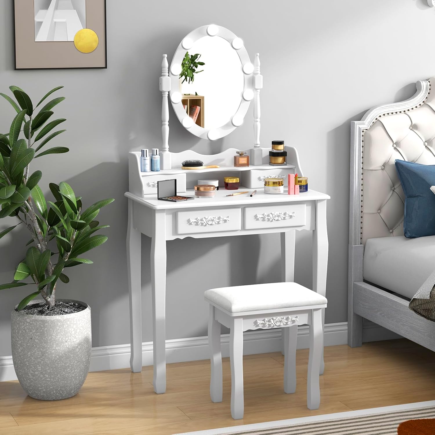 Toeletta da Trucco con 10 Luci LED, Tavolo da Trucco con Specchio Ovale Illuminato, Toeletta con 4 Cassetti e Sgabello Imbottito per Camera da Letto (Bianco)