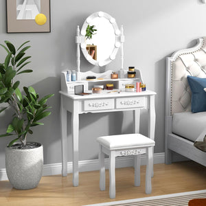 Toeletta da Trucco con 10 Luci LED, Tavolo da Trucco con Specchio Ovale Illuminato, Toeletta con 4 Cassetti e Sgabello Imbottito per Camera da Letto (Bianco)