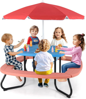 Tavolo da Picnic per Bambini con 8 Posti 125 × 125 × 100-160 cm, Tavolino Bambini in HDPE con Ombrellone Regolabile e Pieghevole, Struttura in Metallo e 4 Panchine (tavolo blu)