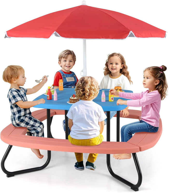 Tavolo da Picnic per Bambini con 8 Posti 125 × 125 × 100-160 cm, Tavolino Bambini in HDPE con Ombrellone Regolabile e Pieghevole, Struttura in Metallo e 4 Panchine (tavolo blu)