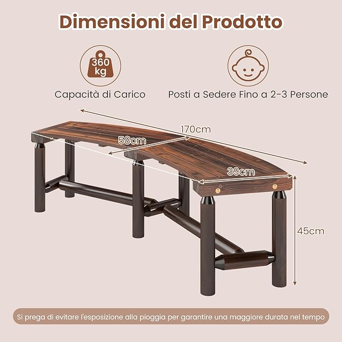Panchina Curva da Patio, Panchina di Legno Massello per 2-3 Persone, Panca da Fuoco Senza Schienale per Esterni, Giardino e Bordo Piscina, Portata 360 kg (Marrone)