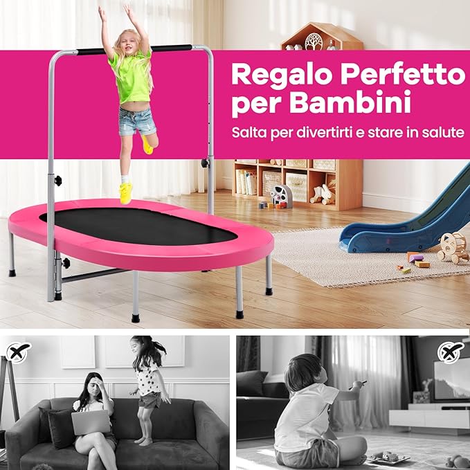 Trampolino Elastico da Interno ed Esterno, Tappetino Elastico Pieghevole per Adulti e Bambini con Maniglia Regolabile, Molle e Cuscinetto di Sicurezza, Trampolino Ovale per 2 Persone