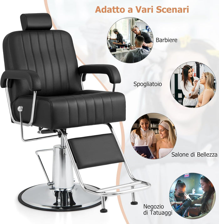 Poltrona da Barbiere Girevole, Sedia da Barbiere con Poggiatesta Regolabile e Schienale Reclinabile, con Altezza Regolabile, Portata 150 kg