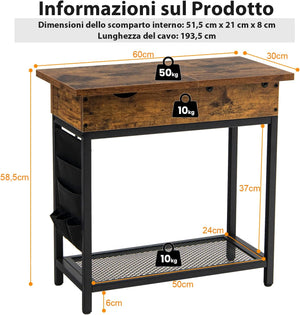 Tavolino da Salotto con Porte USB e Prese di Corrente, Tavolino Stretto con Piano Ribaltabile, Comodino Multifunzionale per Soggiorno e Camera da Letto, 60 x 30 x 58,5cm, Marrone