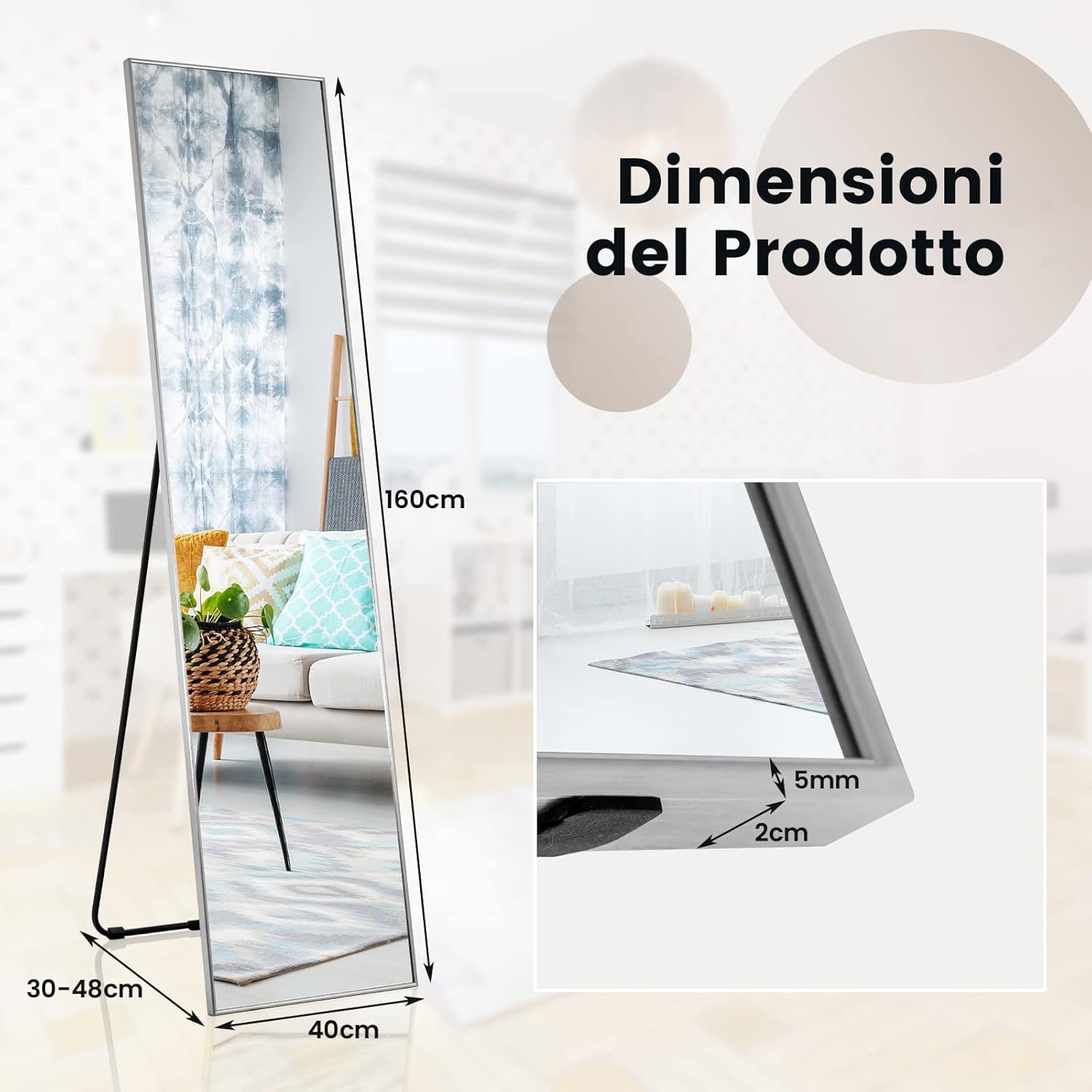 Specchio da Parete Lungo, Specchio da Terra Appendere con Cornice in Lega di Alluminio e Ganci, Per Camera da Letto e Soggiorno, 160 x 40 cm (Argento)