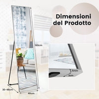 Specchio da Parete Lungo, Specchio da Terra Appendere con Cornice in Lega di Alluminio e Ganci, Per Camera da Letto e Soggiorno, 160 x 40 cm (Argento)