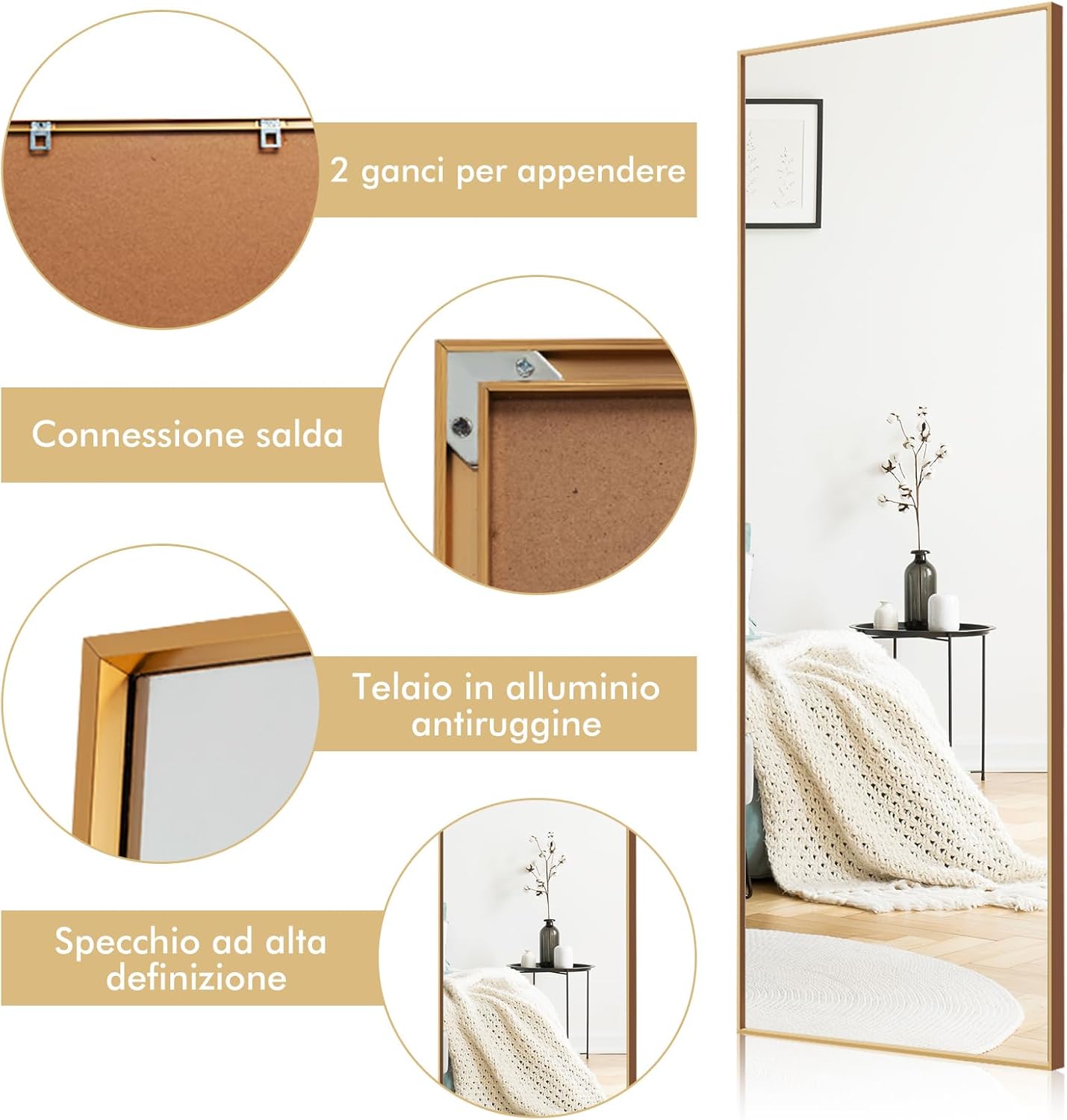 2 in 1 Specchio Lungo da Parete, Specchio a Figura Intera con Telaio Rettangolare in Alluminio e Vetro Antiesplosione, Specchio da Terra per Ingresso Bagno, 56 x150 cm (Oro)