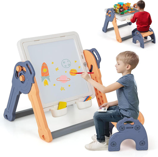 Set Tavolo e Sedia per Bambini con Cavalletto, Tavolo Pieghevole per Bambini con Piano Reversibile per Costruzioni, 4 Cestini Rimovibili, per Giocare con Sabbia e Acqua