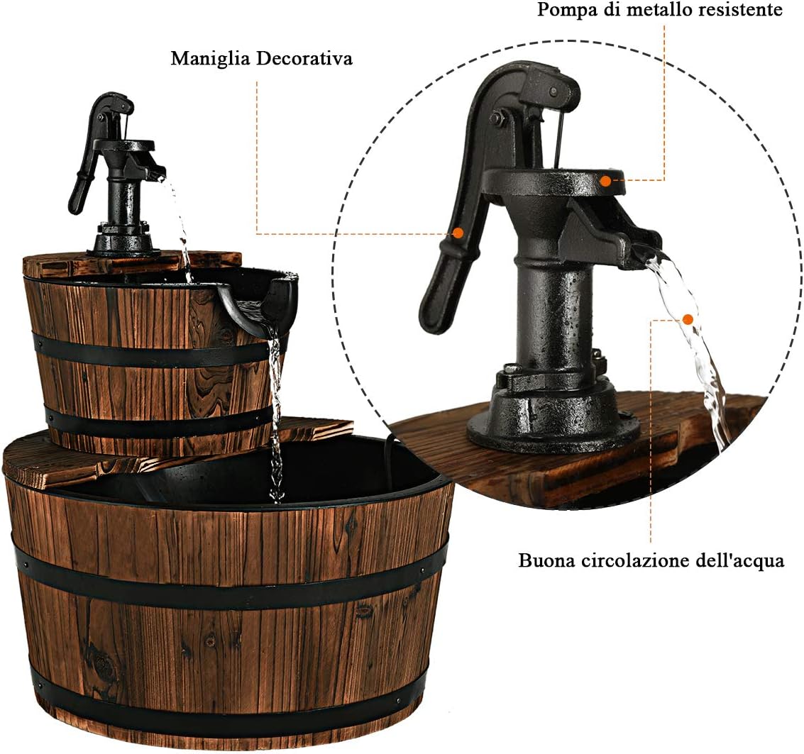 Fontana da Giardino 2 Piani con Pompa d'Acqua, Perfetto per Interno ed Esterno, Legno di Abete, 61x44,5x44,5cm