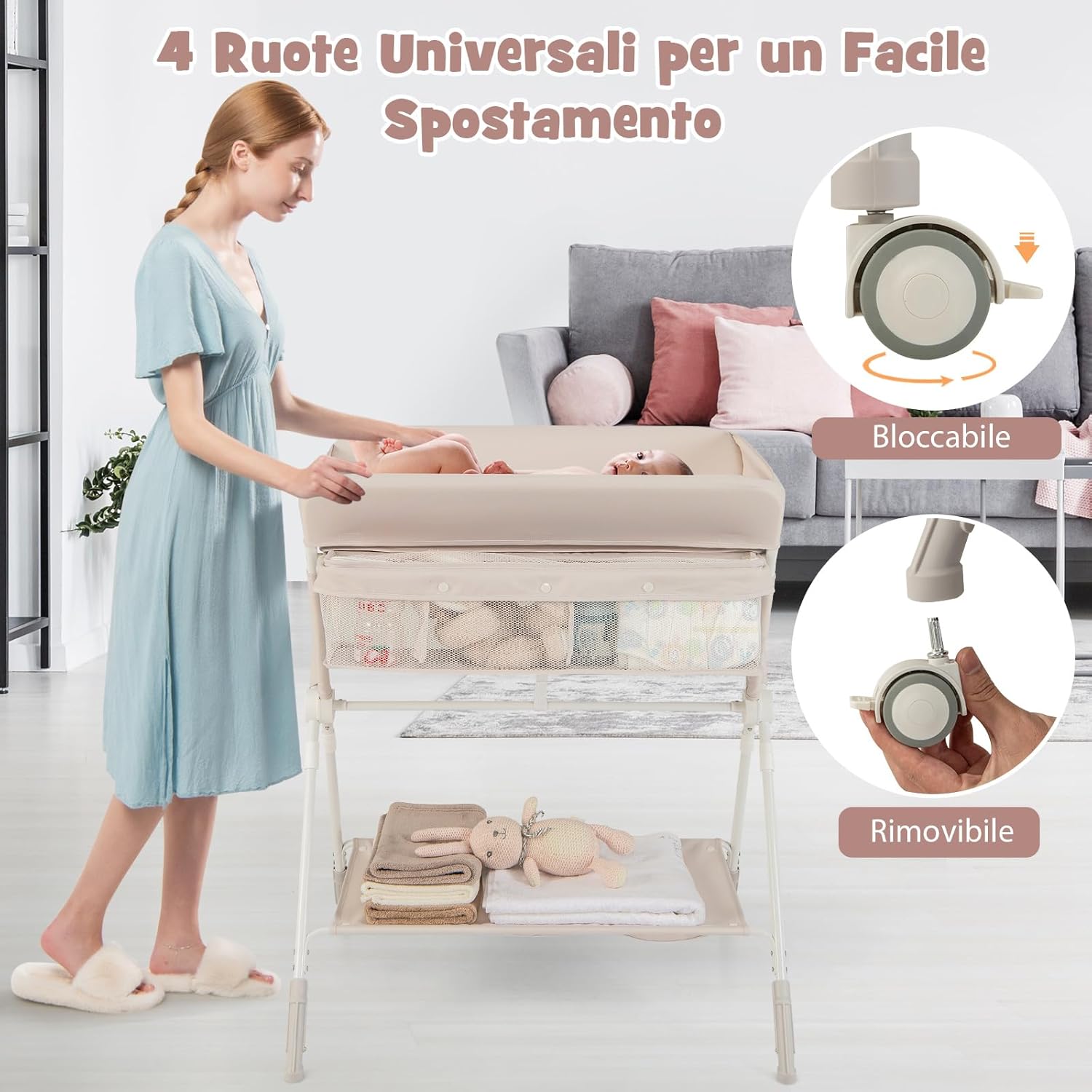Fasciatoio Neonato Pieghevole, Fasciatoio Portatile con Altezza Regolabile a 3 Livelli, Fasciatoio Neonato con Ruote di Bloccabili, Ripiano, Porta Asciugamani, Cestino di Rifiuti (Beige)
