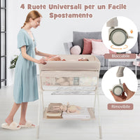 Fasciatoio Neonato Pieghevole, Fasciatoio Portatile con Altezza Regolabile a 3 Livelli, Fasciatoio Neonato con Ruote di Bloccabili, Ripiano, Porta Asciugamani, Cestino di Rifiuti (Beige)