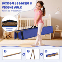 Trave da Ginnastica per Bambini Pieghevole 240 cm, Trave di Equilibrio Portatile conSuperficie in Pelle Scamosciata e Schiuma Morbida, Attrezzatura per Ginnastica a Casa
