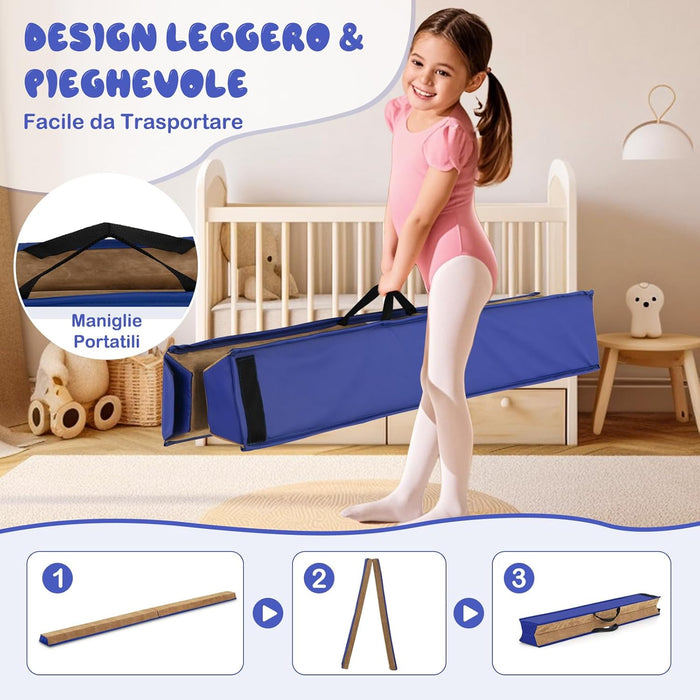 Trave da Ginnastica per Bambini Pieghevole 240 cm, Trave di Equilibrio Portatile conSuperficie in Pelle Scamosciata e Schiuma Morbida, Attrezzatura per Ginnastica a Casa