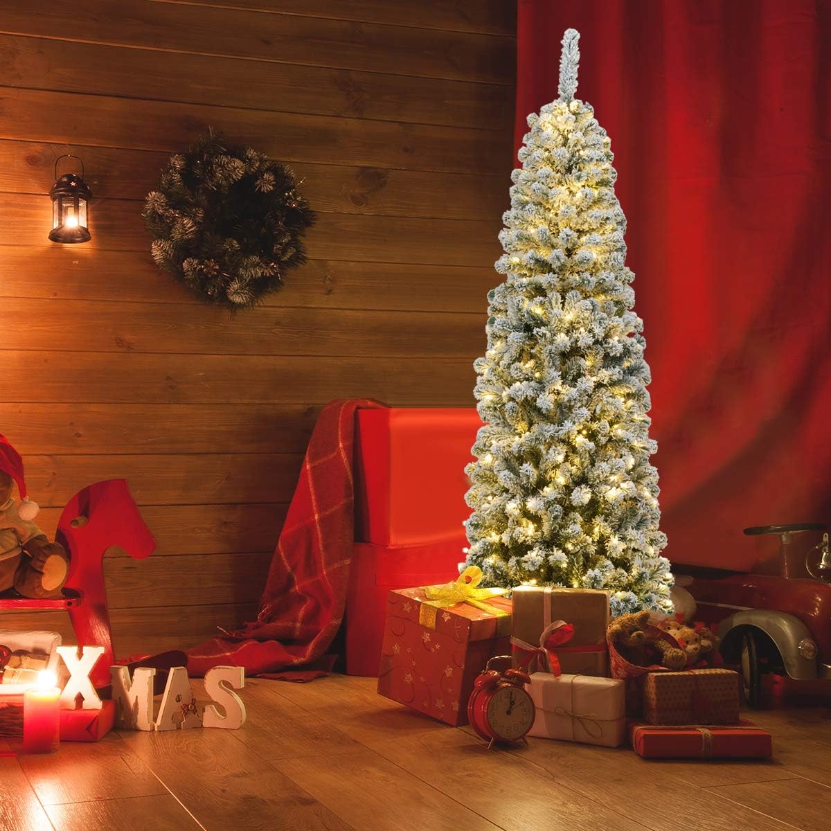 Albero di Natale Slim 135/180/225 cm, Albero di Natale Innevato con 150/250/350 Luci LED, 242/500/641 Rami e Base di Metallo, Decorazione Natalizia per Casa e Negozio (180 CM)