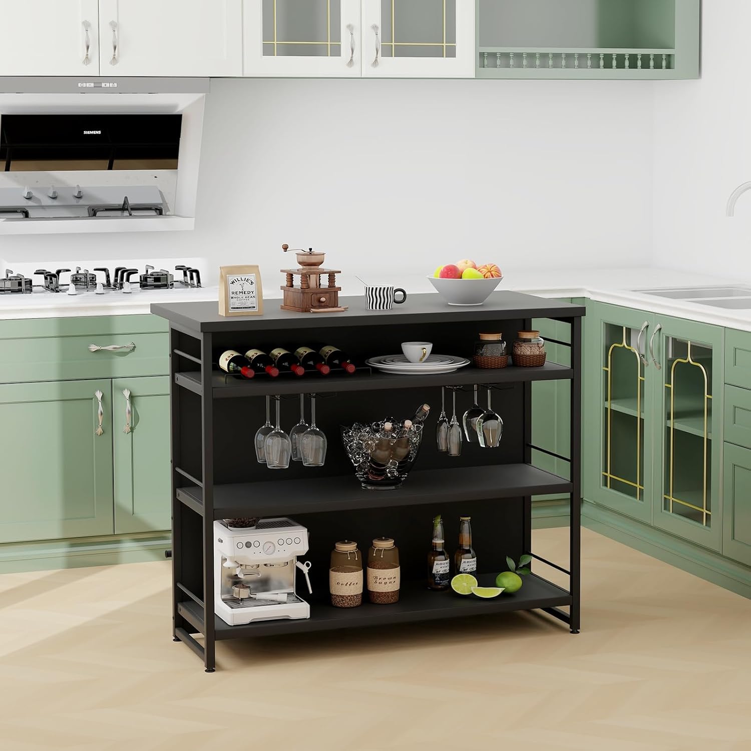 Isola per Cucina con Ampio Piano di Lavoro, Mobile da Cucina con 3 Ripiani Aperti, Poggiapiedi e Piedini Regolabili, Struttura in Metallo, per Cucina, Soggiorno, 120 x 60 x 101cm (Nero)