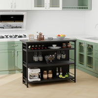 Isola per Cucina con Ampio Piano di Lavoro, Mobile da Cucina con 3 Ripiani Aperti, Poggiapiedi e Piedini Regolabili, Struttura in Metallo, per Cucina, Soggiorno, 120 x 60 x 101cm (Nero)