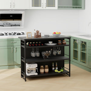 Isola per Cucina con Ampio Piano di Lavoro, Mobile da Cucina con 3 Ripiani Aperti, Poggiapiedi e Piedini Regolabili, Struttura in Metallo, per Cucina, Soggiorno, 120 x 60 x 101cm (Nero)