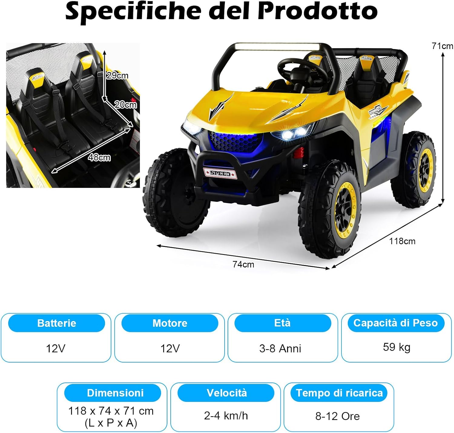 12V Auto Elettrico per Bambini, Macchina Fuoristrada a 2 Posti, Macchina Elettrica con Luci Suoni, Regalo per Bambini 3-8 Anni, 118x74x71 cm (Giallo)