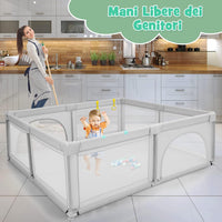 Box per Bambini, Centro Attivit¨¤ Portatile con Cancelli di Sicurezza, con Ventose Antiscivolo, Pareti a Rete Traspirante e 4 Anelli per Bambini, con 50 Palline, 206 x 185,5 x 68CM (grigio)