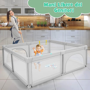 Box per Bambini, Centro Attivit¨¤ Portatile con Cancelli di Sicurezza, con Ventose Antiscivolo, Pareti a Rete Traspirante e 4 Anelli per Bambini, con 50 Palline, 206 x 185,5 x 68CM (grigio)