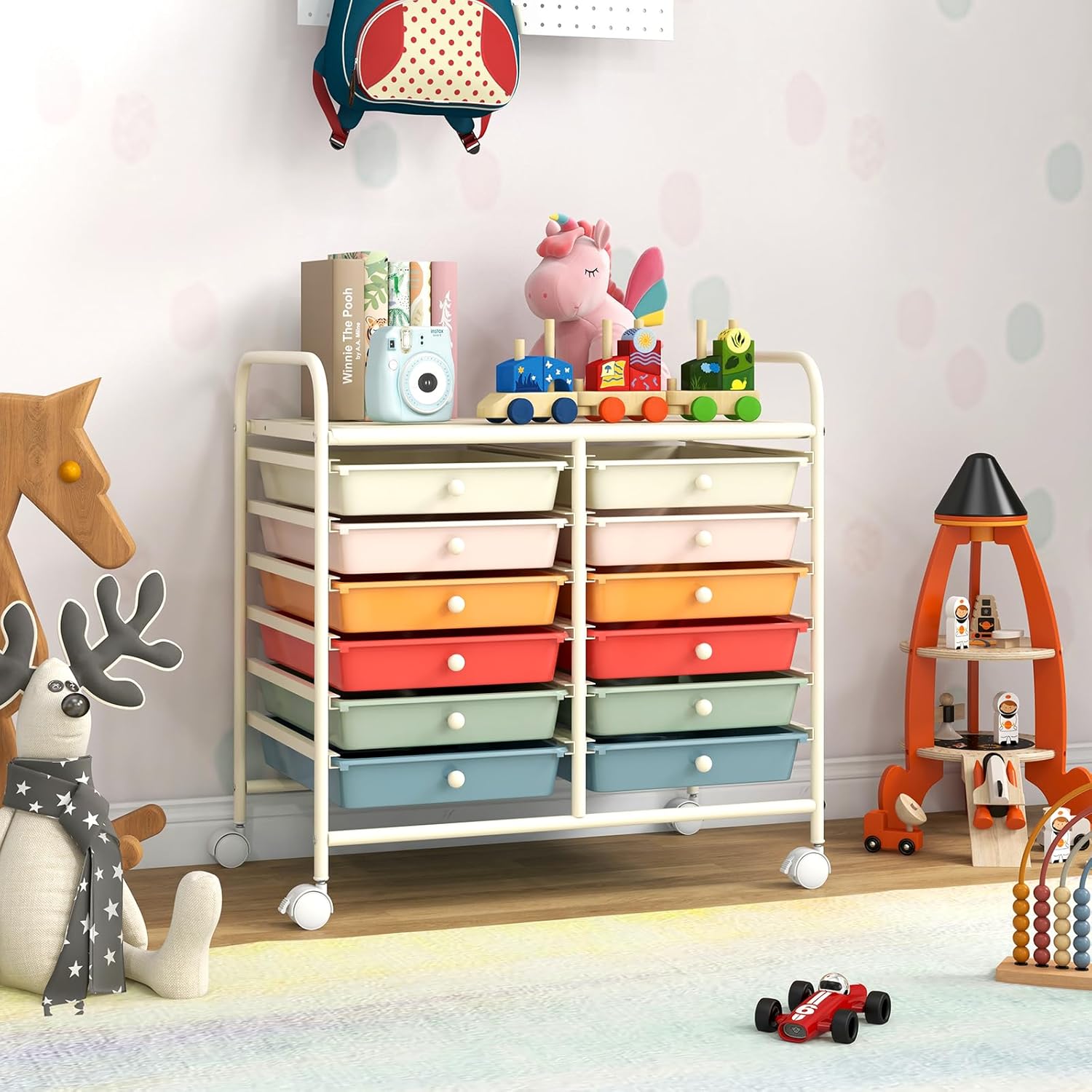 Carrello di Stoccaggio con 12 Cassetti, Carrello portaoggetti con 4 Ruote, Carrello Multiuso per Scuola Ufficio Cucina, 64 x 38 x 62 cm (12 cassetti Macaron)